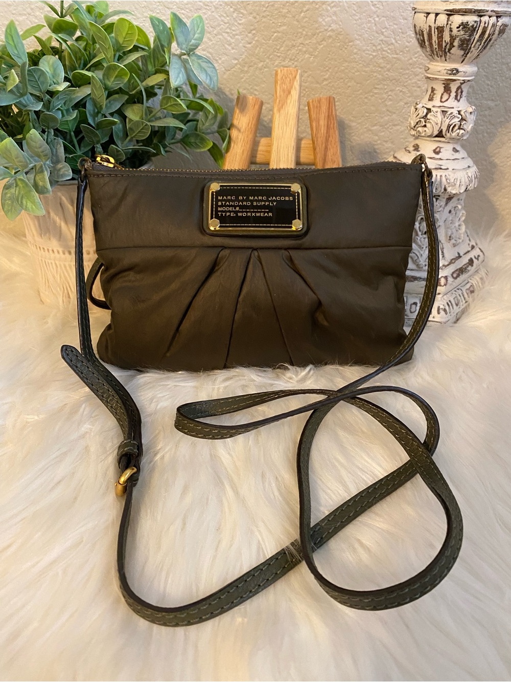Marc by Marc Jacobs Olive Pleated Crossbody with Gold Plaque